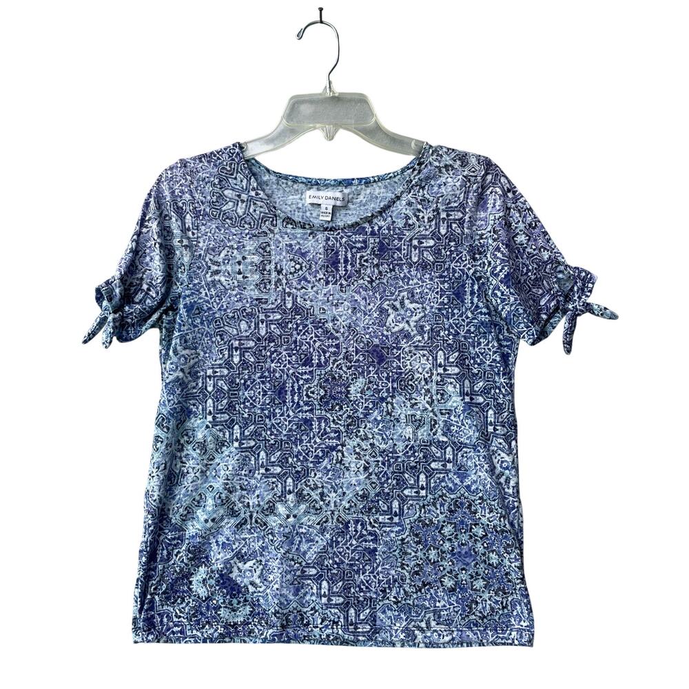 Emily Daniels Blue Mosaic Tile Patchwork Knit Top - Size S (Tie-Sleeve Detail)